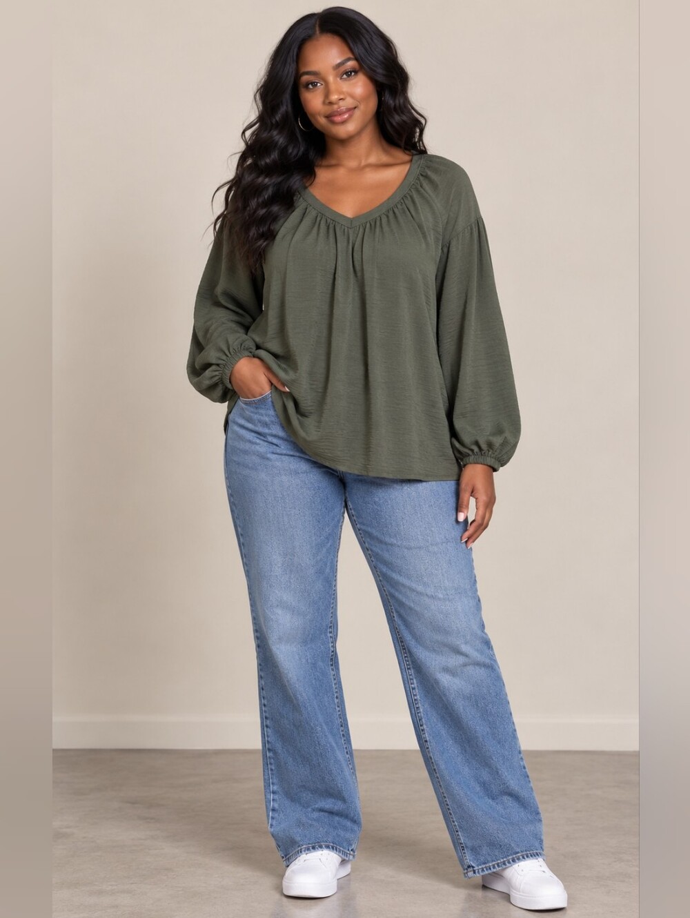 SHEIN Curve 1XL Olive Green Long Sleeve V-Neck Blouse Balloon Sleeve Plus Size